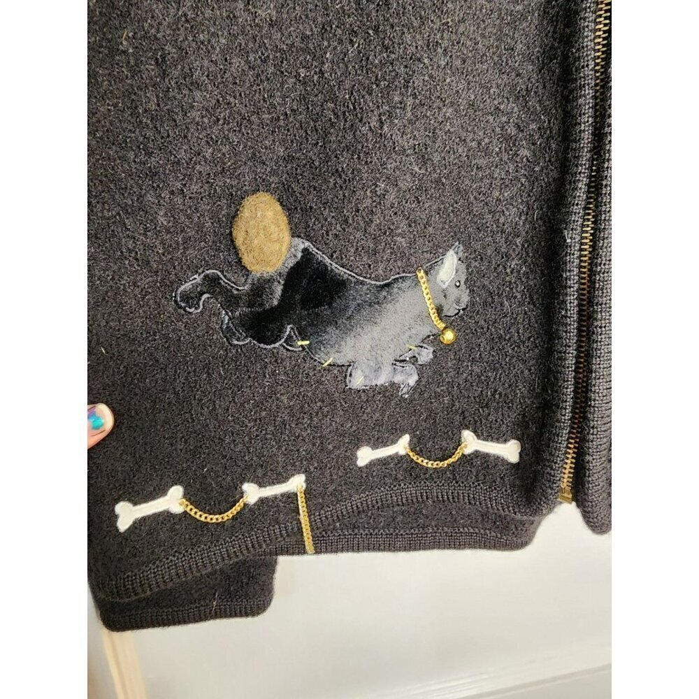 Cute 90s Boiled Wool Full Zip Cardigan Dogs Bones Lisa International Sz Petite M - Picture 6 of 7
